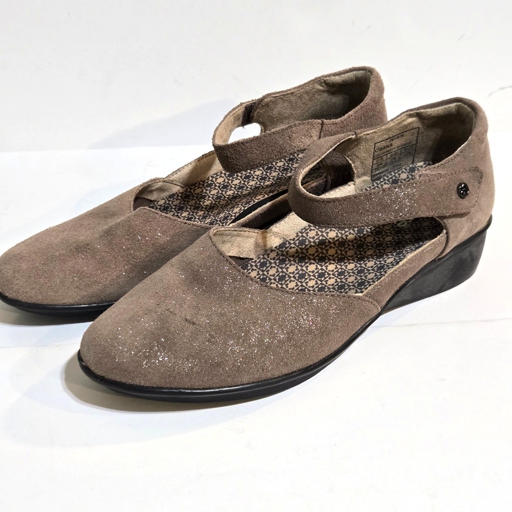 Revere Osaka Shoes Women 9 Taupe Suede Metallic Shimmer Mary Jane Comfort Rusty